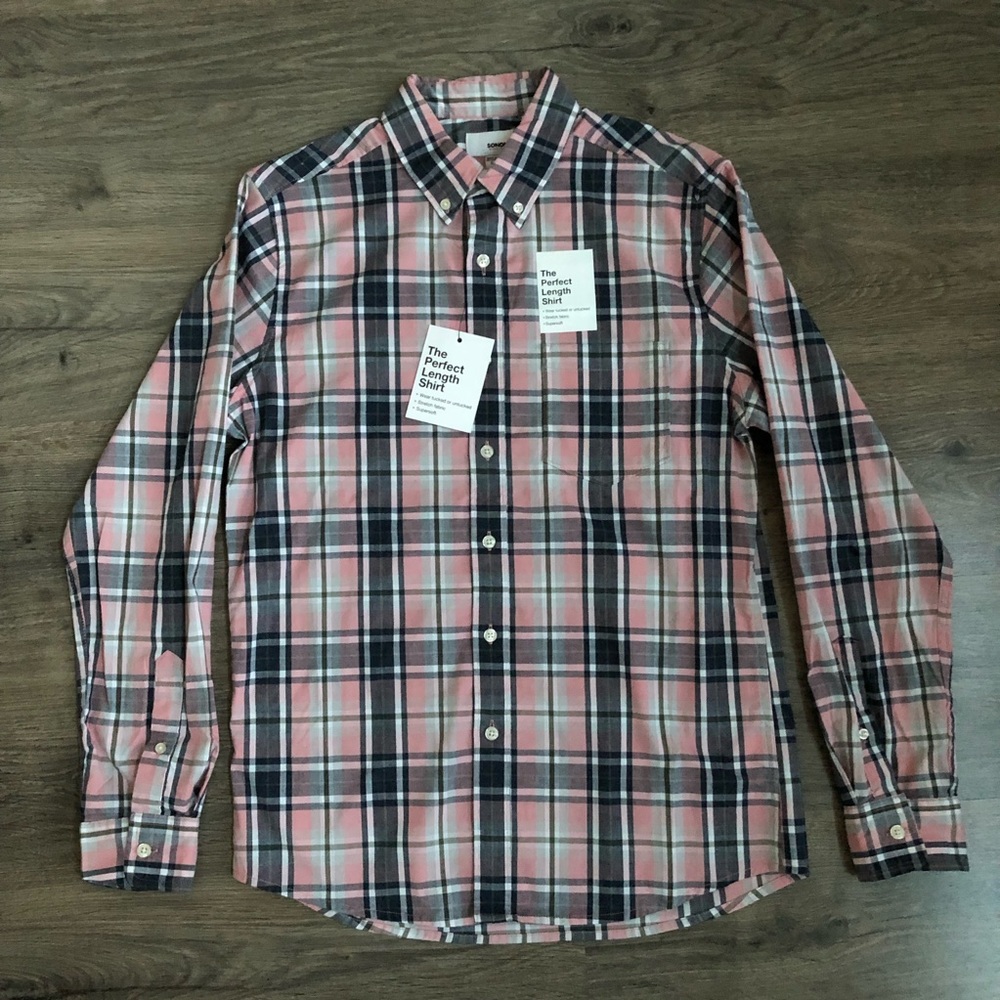 Men’s pink plaid button-down shirt